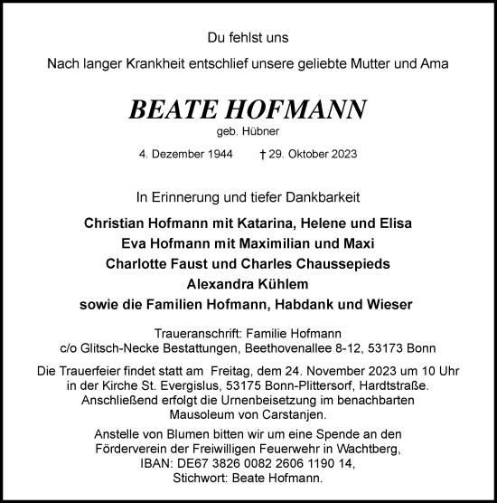 Anzeige von Beate Hofmann von General-Anzeiger Bonn