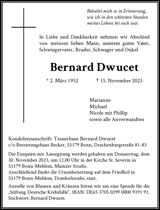Anzeige von Bernard Dwucet von General-Anzeiger Bonn