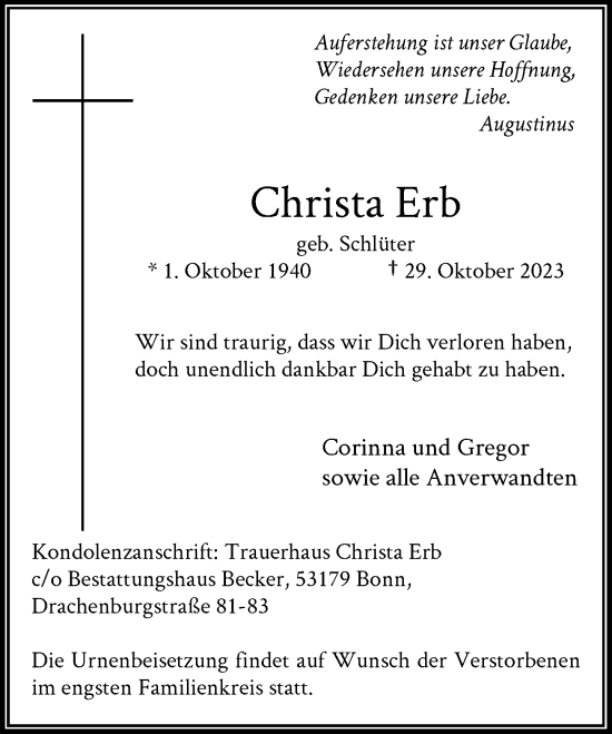 Anzeige von Christa Erb von General-Anzeiger Bonn