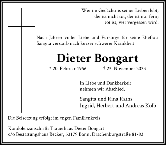 Anzeige von Dieter Bongart von General-Anzeiger Bonn