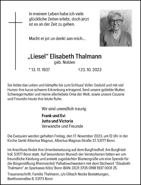 Anzeige von Elisabeth Thalmann von General-Anzeiger Bonn