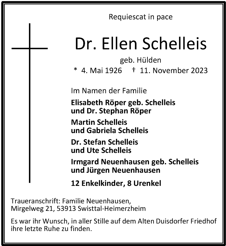  Traueranzeige für Ellen Schelleis vom 18.11.2023 aus General-Anzeiger Bonn