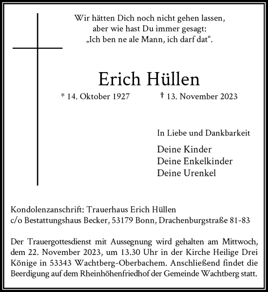 Anzeige von Erich Hüllen von General-Anzeiger Bonn