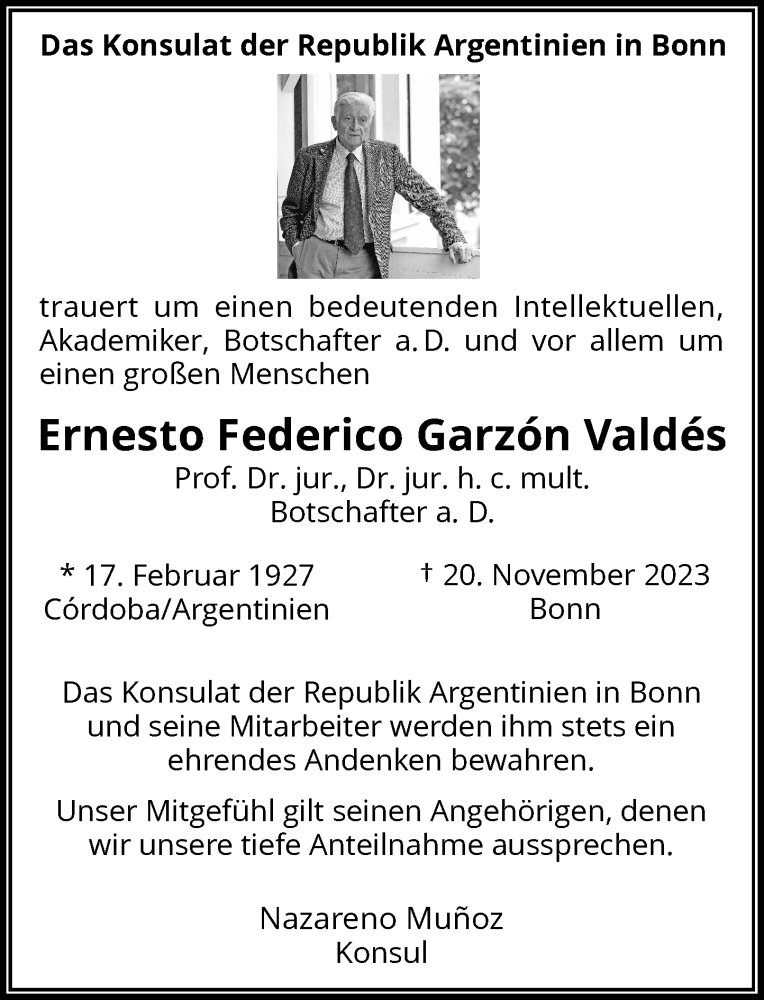  Traueranzeige für Ernesto Federico Garzon Valdes vom 25.11.2023 aus General-Anzeiger Bonn