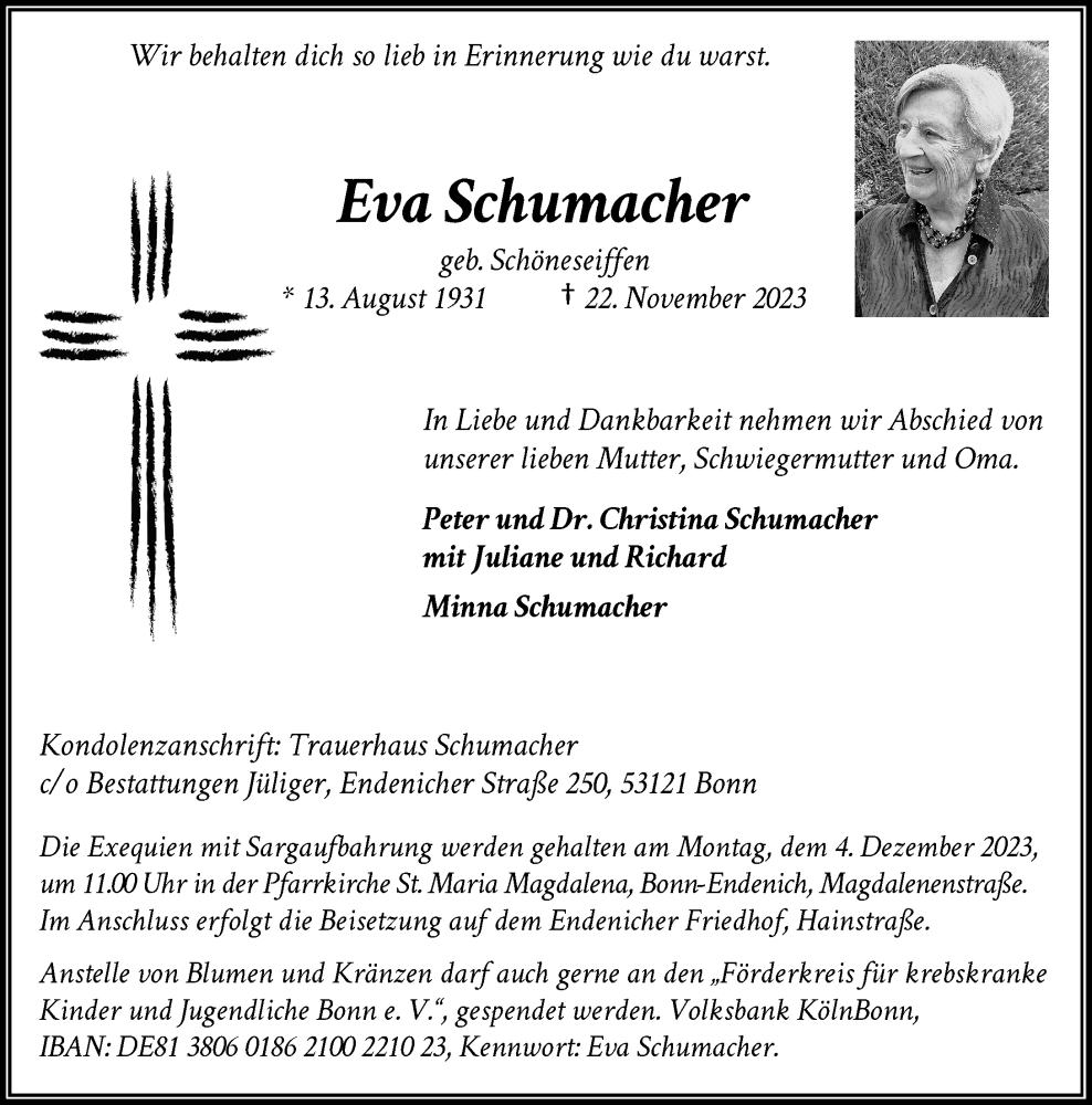  Traueranzeige für Eva Schumacher vom 25.11.2023 aus General-Anzeiger Bonn