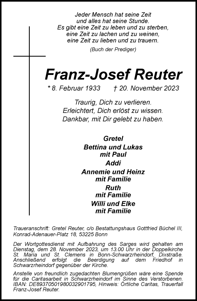  Traueranzeige für Franz-Josef Reuter vom 25.11.2023 aus General-Anzeiger Bonn
