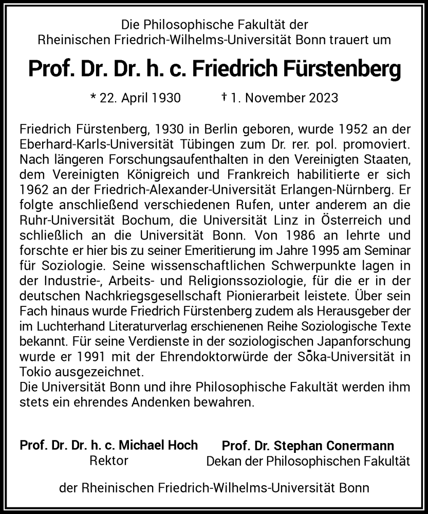  Traueranzeige für Friedrich Fürstenberg vom 25.11.2023 aus General-Anzeiger Bonn