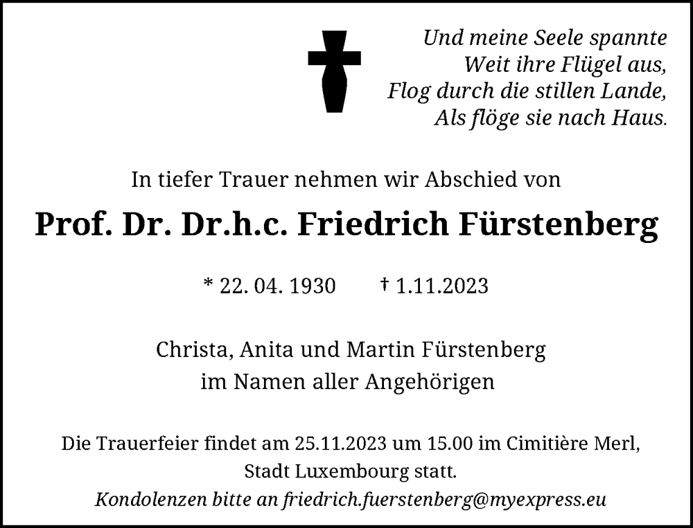 Traueranzeige für Friedrich Fürstenberg vom 08.11.2023 aus General-Anzeiger Bonn