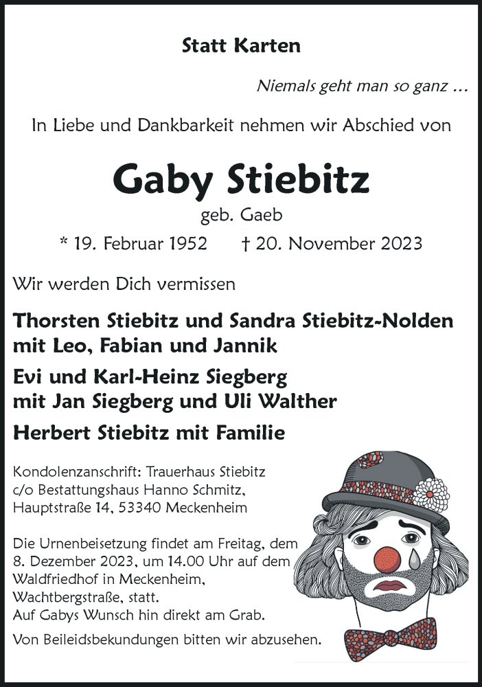  Traueranzeige für Gaby Stiebitz vom 02.12.2023 aus General-Anzeiger Bonn