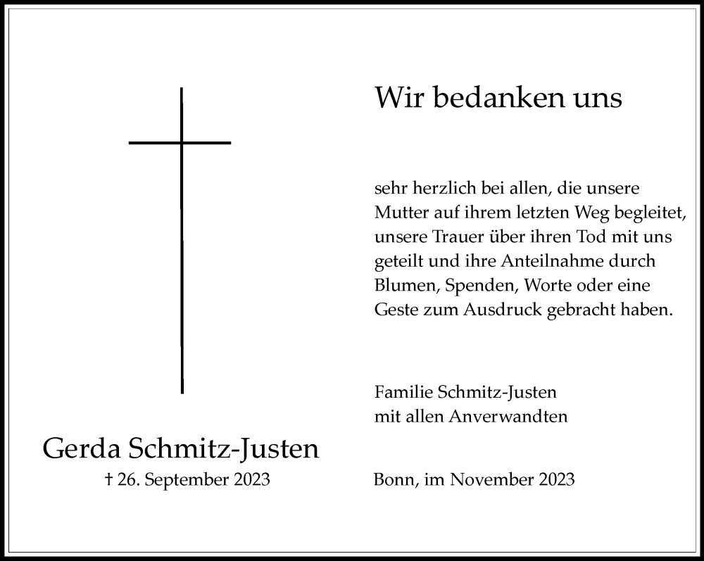  Traueranzeige für Gerda Schmitz-Justen vom 18.11.2023 aus General-Anzeiger Bonn