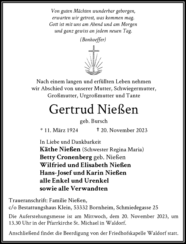  Traueranzeige für Gertrud Nießen vom 25.11.2023 aus General-Anzeiger Bonn