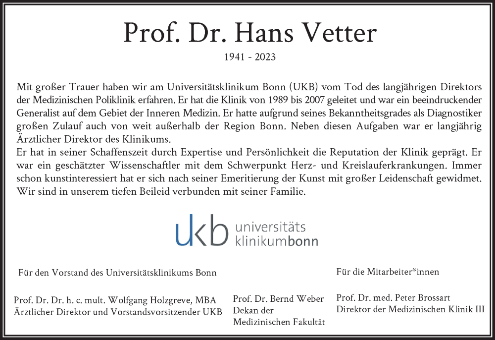  Traueranzeige für Hans Vetter vom 25.11.2023 aus General-Anzeiger Bonn