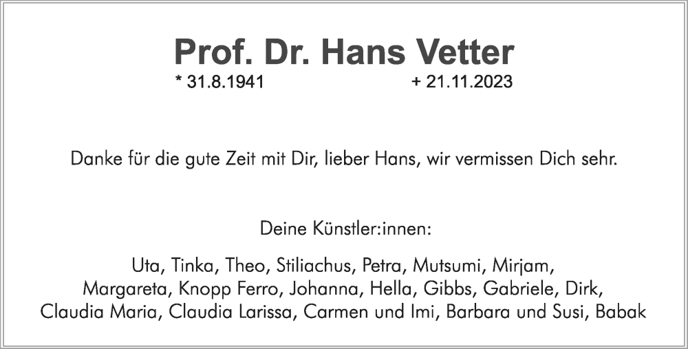  Traueranzeige für Hans Vetter vom 29.11.2023 aus General-Anzeiger Bonn