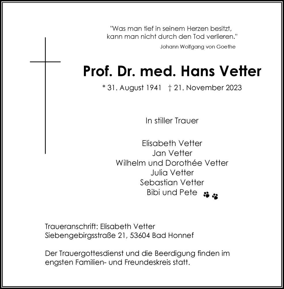  Traueranzeige für Hans Vetter vom 25.11.2023 aus General-Anzeiger Bonn