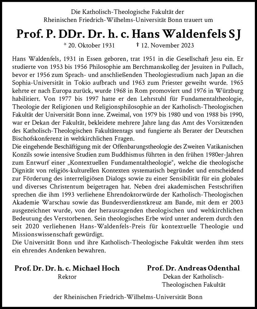  Traueranzeige für Hans Waldenfels vom 18.11.2023 aus General-Anzeiger Bonn