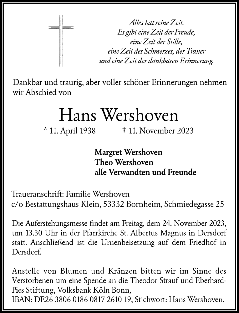  Traueranzeige für Hans Wershoven vom 18.11.2023 aus General-Anzeiger Bonn