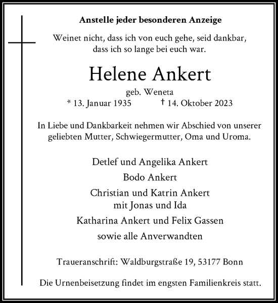 Anzeige von Helene Ankert von General-Anzeiger Bonn
