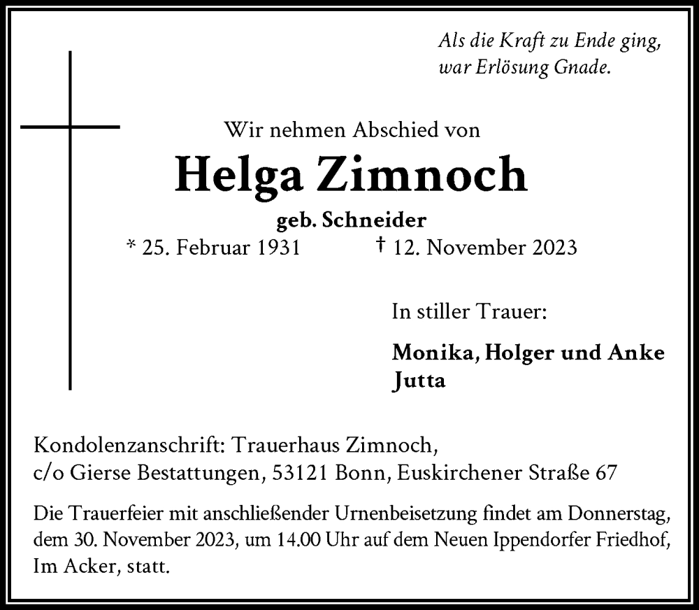  Traueranzeige für Helga Zimnoch vom 18.11.2023 aus General-Anzeiger Bonn