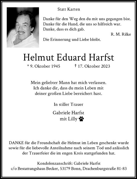 Anzeige von Helmut Eduard Harfst von General-Anzeiger Bonn