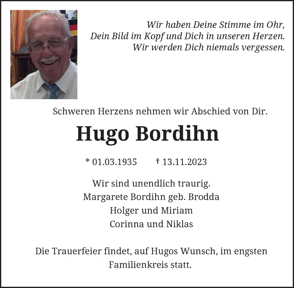  Traueranzeige für Hugo Bordihn vom 18.11.2023 aus General-Anzeiger Bonn