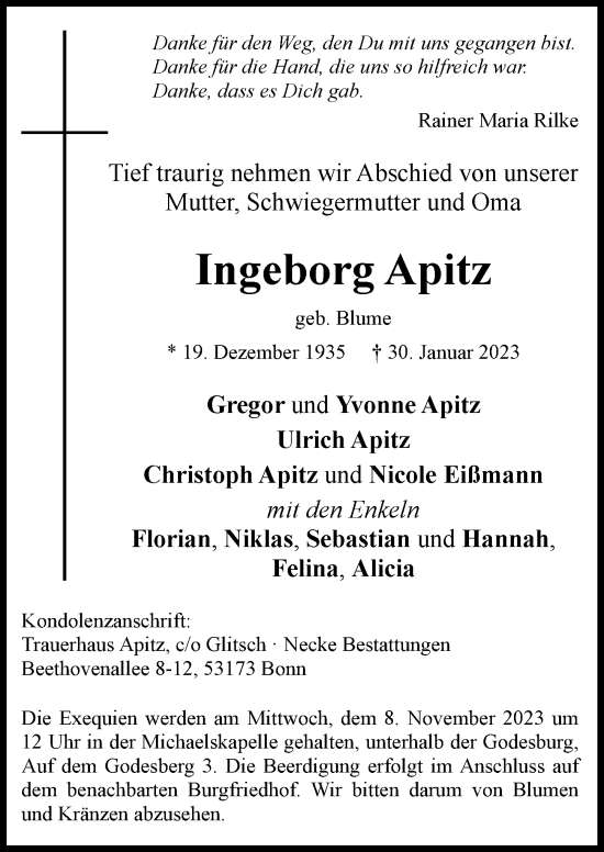 Anzeige von Ingeborg Apitz von General-Anzeiger Bonn