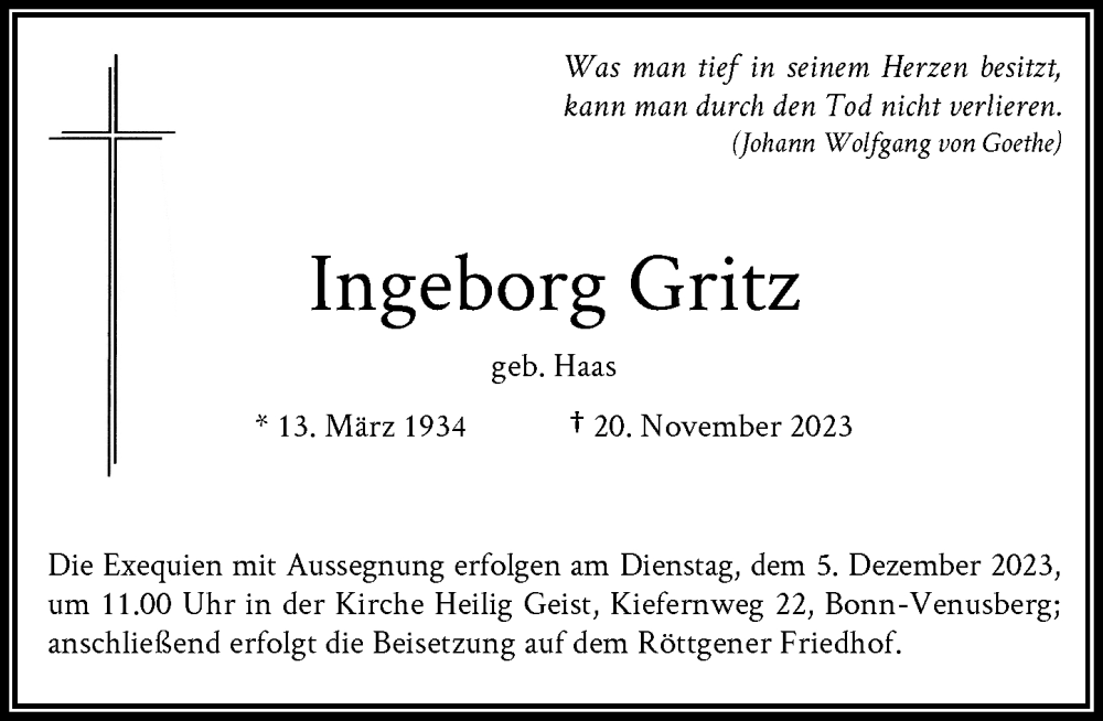  Traueranzeige für Ingeborg Gritz vom 25.11.2023 aus General-Anzeiger Bonn