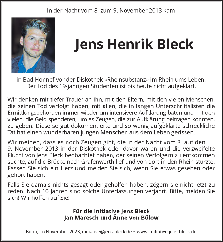  Traueranzeige für Jens Henrik Bleck vom 25.11.2023 aus General-Anzeiger Bonn