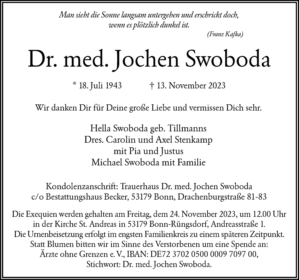  Traueranzeige für Jochen Swoboda vom 18.11.2023 aus General-Anzeiger Bonn