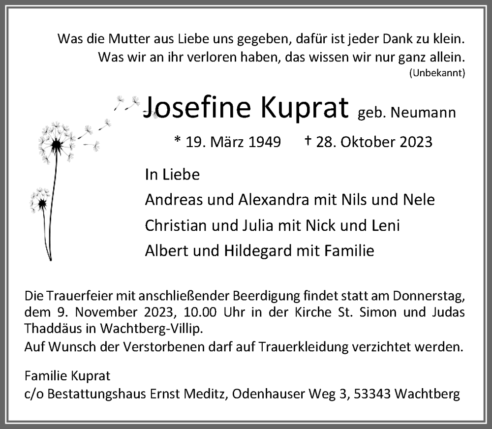  Traueranzeige für Josefine Kuprat vom 04.11.2023 aus General-Anzeiger Bonn