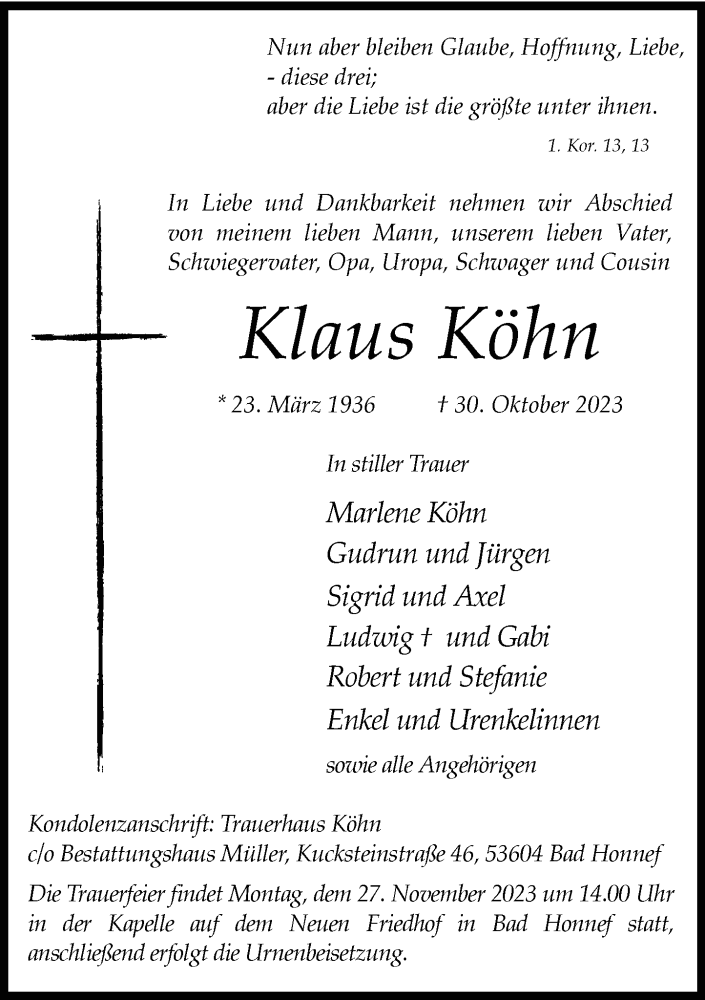  Traueranzeige für Klaus Köhn vom 18.11.2023 aus General-Anzeiger Bonn