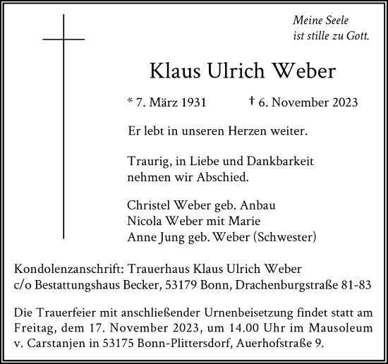 Anzeige von Klaus Ulrich Weber von General-Anzeiger Bonn