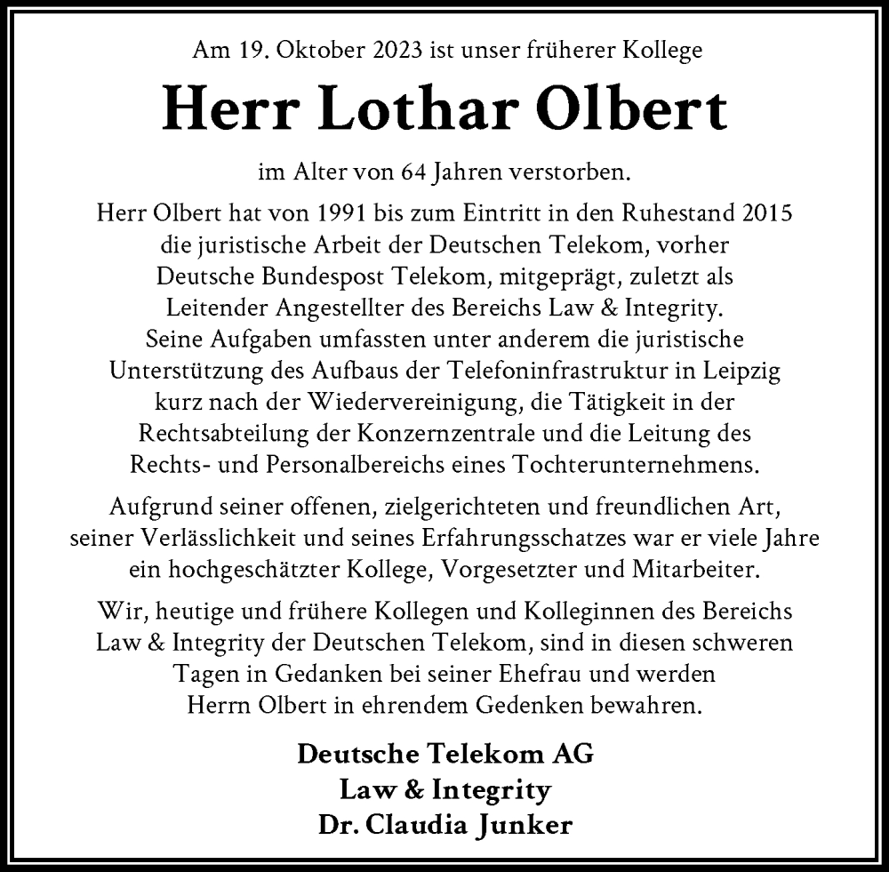  Traueranzeige für Lothar Olbert vom 21.11.2023 aus General-Anzeiger Bonn