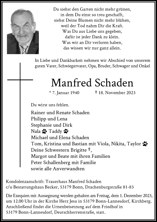 Anzeige von Manfred Schaden von General-Anzeiger Bonn