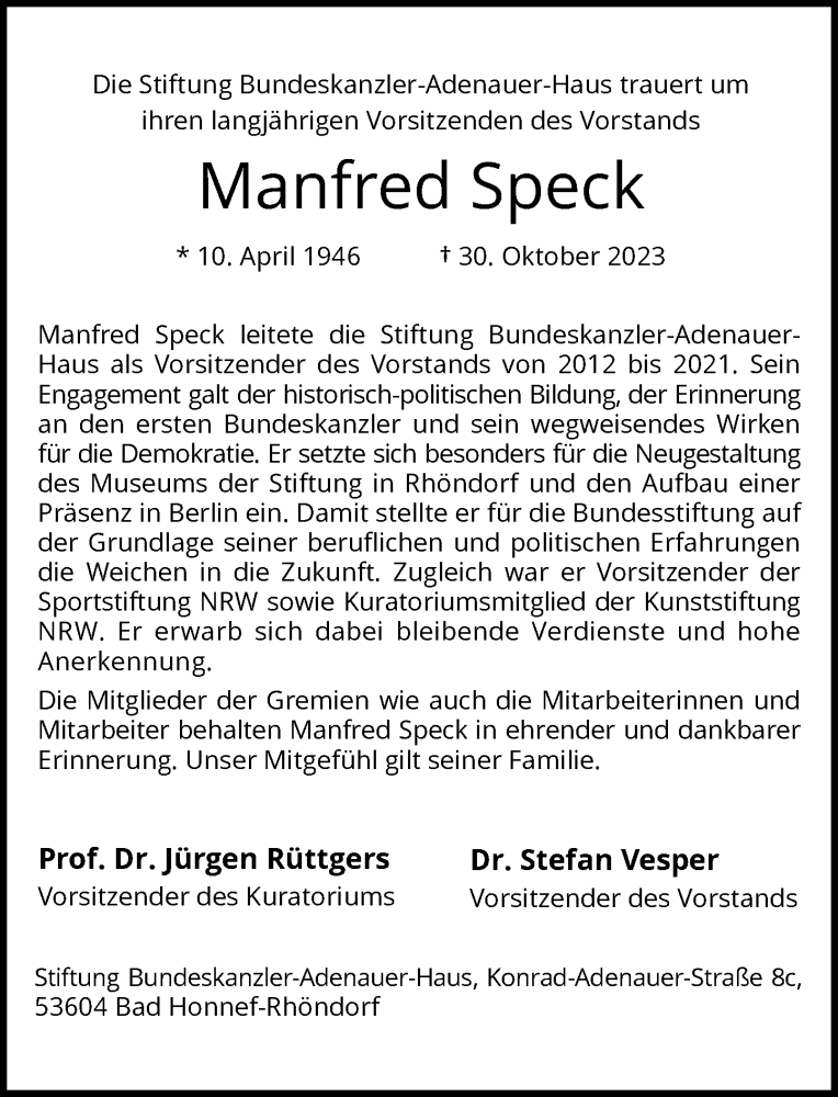  Traueranzeige für Manfred Speck vom 11.11.2023 aus General-Anzeiger Bonn