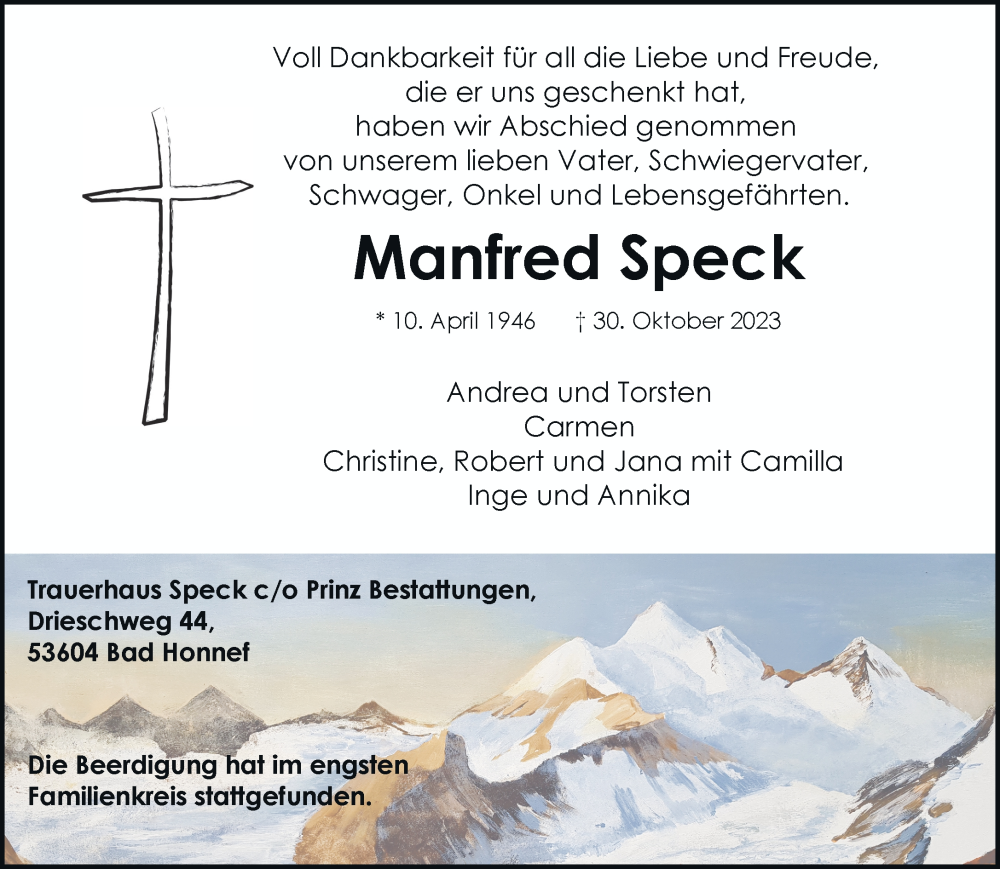  Traueranzeige für Manfred Speck vom 11.11.2023 aus General-Anzeiger Bonn