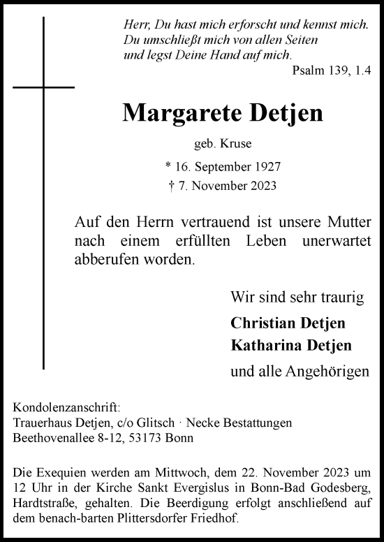 Anzeige von Margarete Detjen von General-Anzeiger Bonn