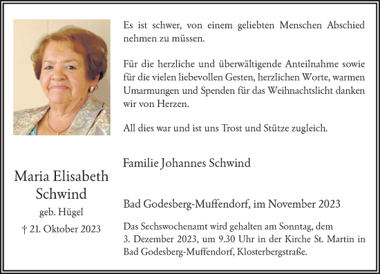 Anzeige von Maria Elisabeth Schwind von General-Anzeiger Bonn