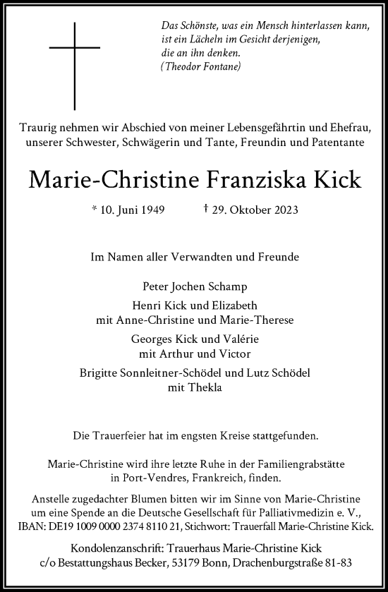 Anzeige von Marie-Christine Franziska Kick von General-Anzeiger Bonn