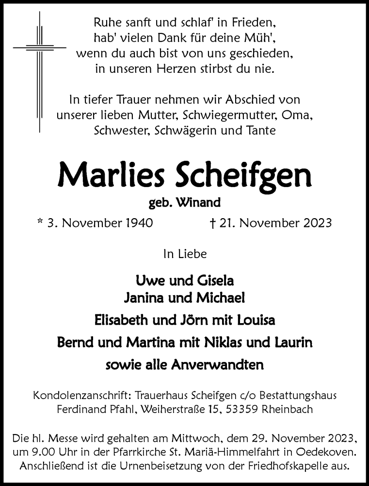  Traueranzeige für Marlies Scheifgen vom 25.11.2023 aus General-Anzeiger Bonn