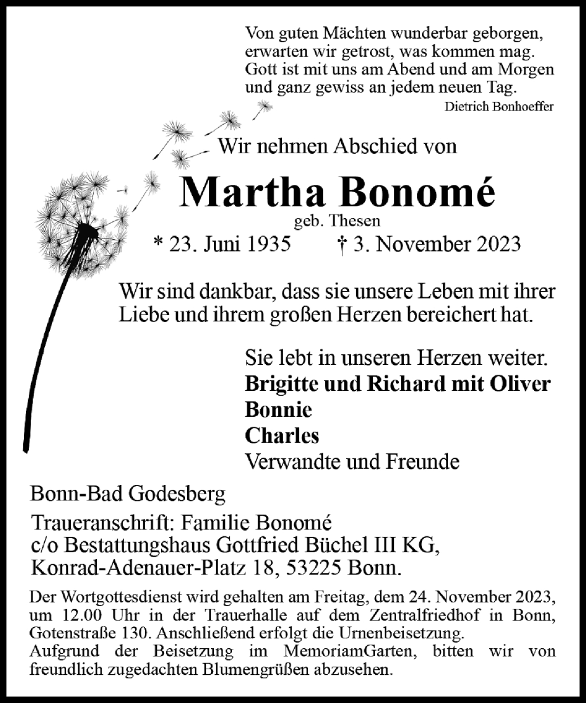  Traueranzeige für Martha Bonome vom 18.11.2023 aus General-Anzeiger Bonn