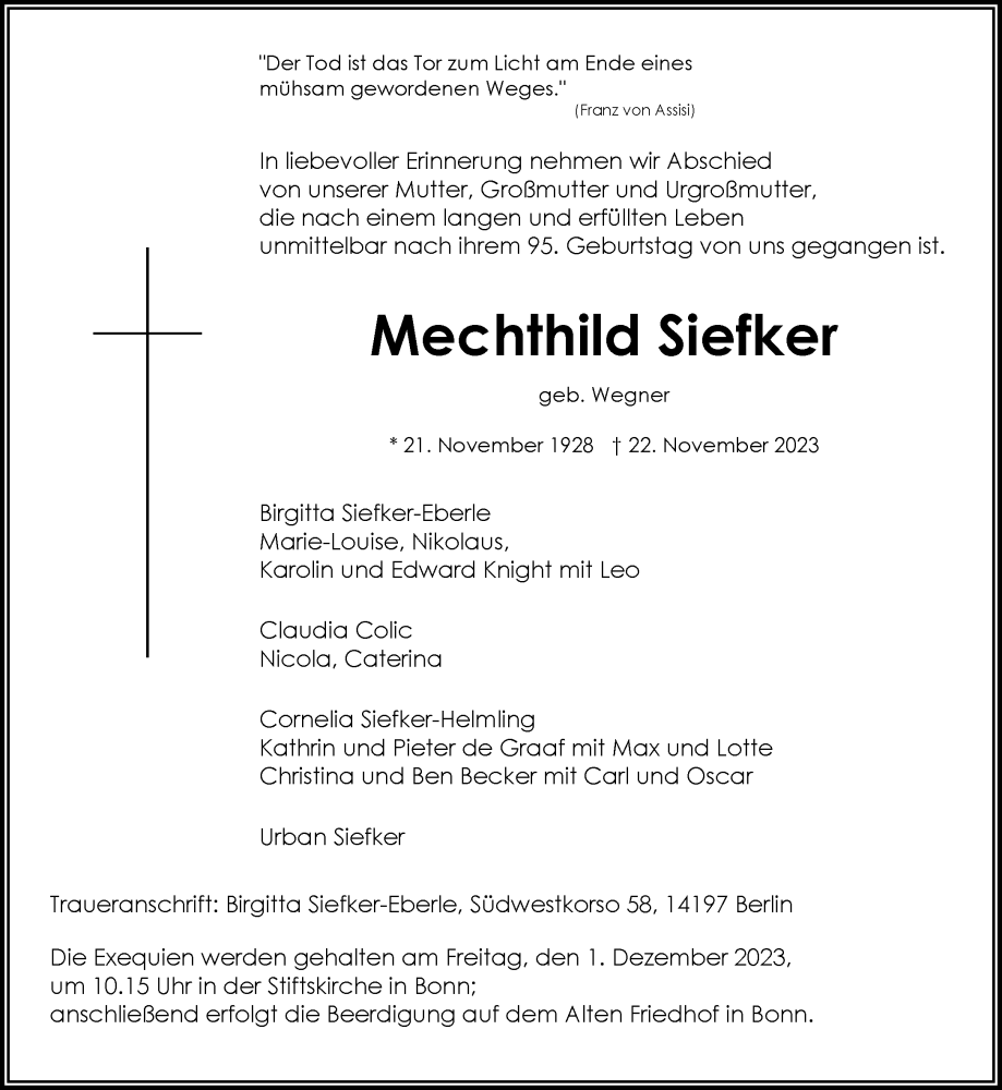  Traueranzeige für Mechthild Siefker vom 25.11.2023 aus General-Anzeiger Bonn