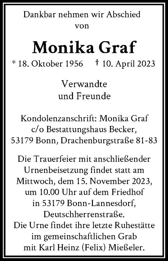 Anzeige von Monika Graf von General-Anzeiger Bonn