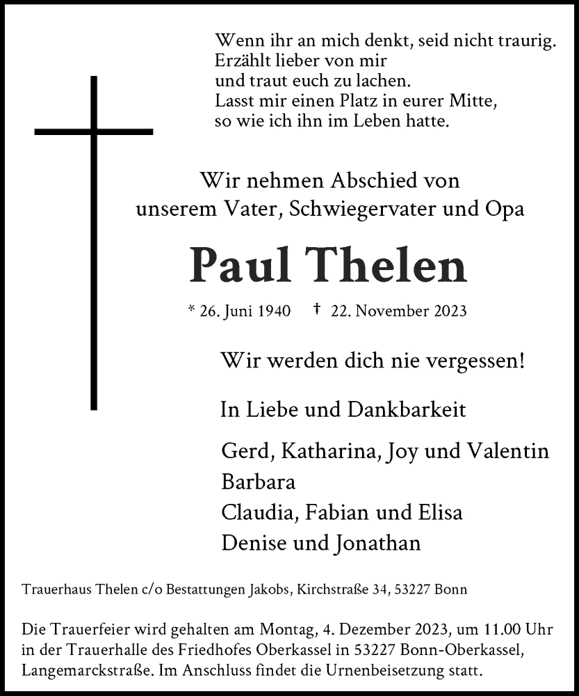  Traueranzeige für Paul Thelen vom 29.11.2023 aus General-Anzeiger Bonn