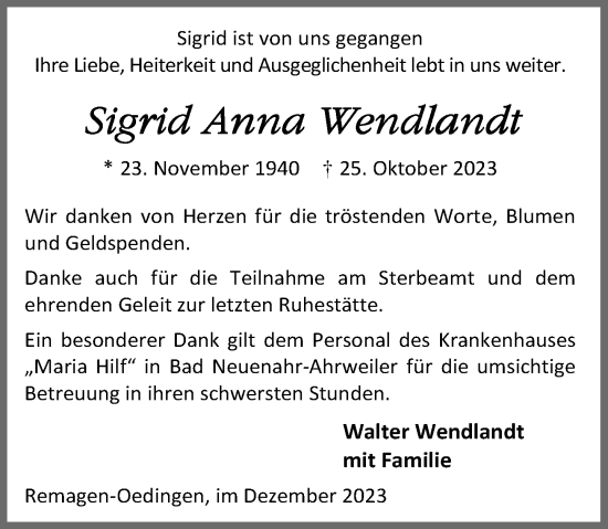 Anzeige von Sigrid Anna Wendlandt von General-Anzeiger Bonn
