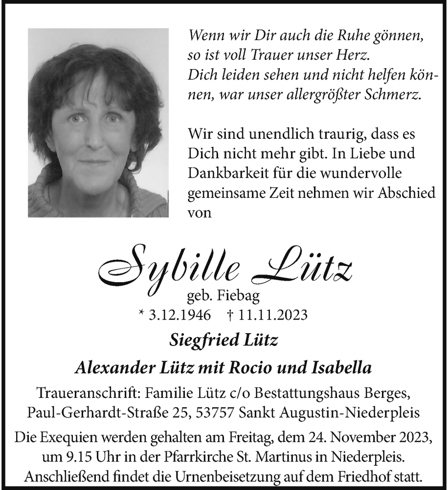  Traueranzeige für Sybille Lütz vom 18.11.2023 aus General-Anzeiger Bonn