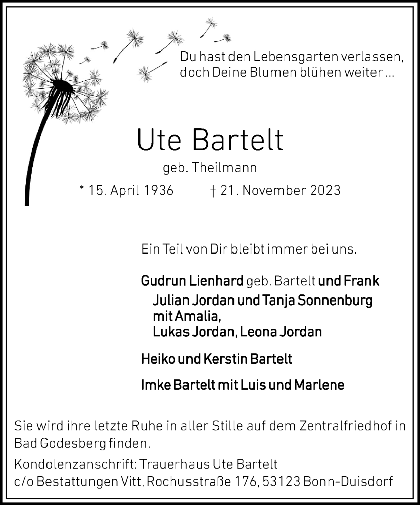  Traueranzeige für Ute Bartelt vom 02.12.2023 aus General-Anzeiger Bonn