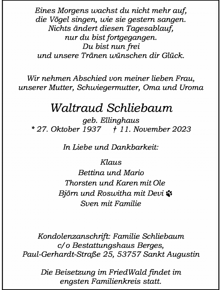  Traueranzeige für Waltraud Schliebaum vom 18.11.2023 aus General-Anzeiger Bonn