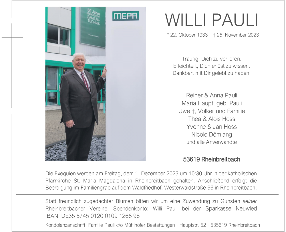  Traueranzeige für Willi Pauli vom 29.11.2023 aus General-Anzeiger Bonn