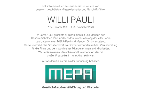 Anzeige von Willi Pauli von General-Anzeiger Bonn