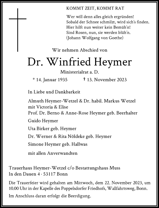 Anzeige von Winfried Heymer von General-Anzeiger Bonn